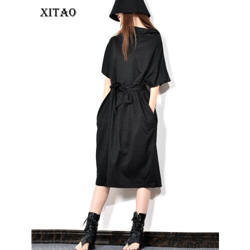 XITAO Sashes Casual Turtleneck Collar Dress Women 2019 Autumn Fashion Tide New Style Loose Short Sleeve Pocket Dress GCC2815