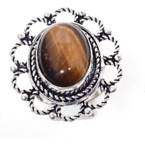 Genuine Tiger Eye Ring Silver Overlay over Copper Nature Stone Hand made Jewelry Women Gift , Size : 8