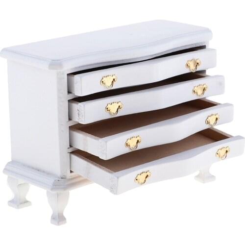 1/12 Dollhouse Miniature Kitchen Living Room Wooden 4-Drawer Cabinet Furniture White Wood