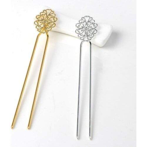 10 PCS 140mm*20mm Gold/Silver Color Flowers Hair Stick Copper Alloy U Shape Hair Pins Base Setting For Women Jewelry Accessories