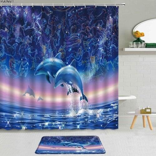 2Pcs Funny Ocean Animal Dolphin Shower Curtain Fantasy Starry Sky Tropical Fish Coral Sea Turtle Bathroom Non-Slip Bath Mat Set