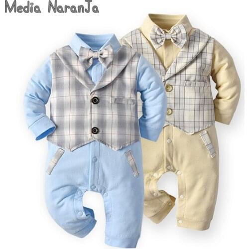 2020 Autumn Childrens Wear Gentleman Bow Tie Babys Romper Long-Sleeved Plaid Fake Two-Piece Romper Baby out Jump Suit