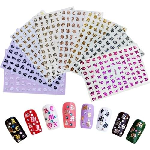 5pcs Holographic Letter Nail Art Sticker Reflections Letter Old English Alphabet Nail Art Decals 3D Vinyls Nail Adhesive Stencil