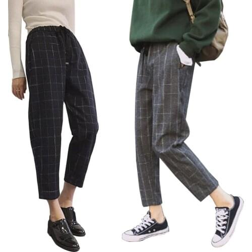 50% HOT SALES!!! Women Casual Plaid Loose Waist Drawstring Harem Pants Long Slim Woolen Trousers