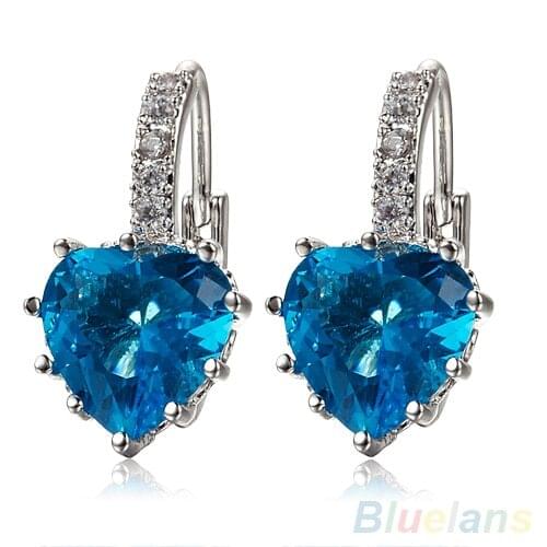 White Rhinestone Light Blue Love Heart Leverback Earrings