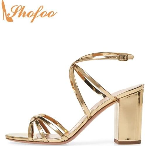 Gold Patent High Chunky Heels Women Sandals Open Toe Narrow Band Large Size 13 15 Ladies Summer Fashion Mature Sexy Shoes Shofoo
