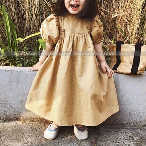 Childrens Skirt Summer 2021 New Childrens Clothing Girls' Solid Color Retro High Waist Puff Sleeve Princess Dress