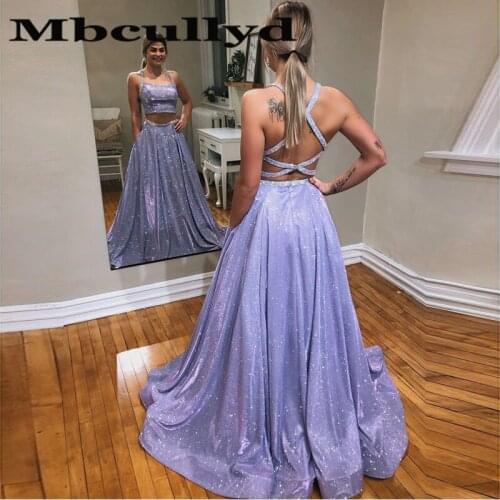 Mbcullyd Two Pieces Long Prom Dresses 2020 Glitter Sequined Evening Dress For Women Beading Cross Backless Vestido De Festa