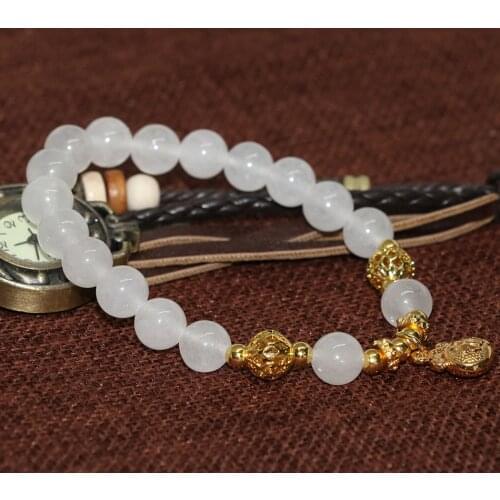 Hot sale 8mm natural stone white chalcedony jades round beads bracelet for women gold-color pendant jewelry making 7.5inch B2049