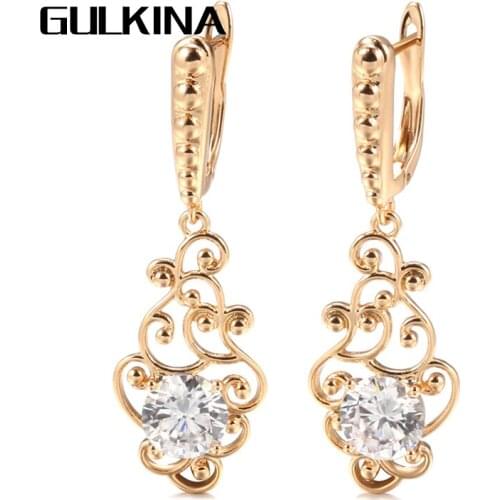 Gulkina 2021 Fashion 585 Rose Gold Long Earrings Ethnic Hollow Flower Natural Zircon Dangle Earring Women Fine Jewelry Gift