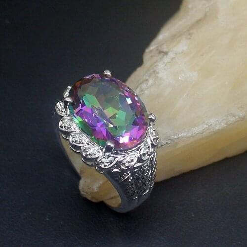 Hermosa Rainbow Mystical Topaz Oval Genuine 925 Silver Unique Band Ring Wedding Engagement Gifts for Women Size 6.5# 20214034