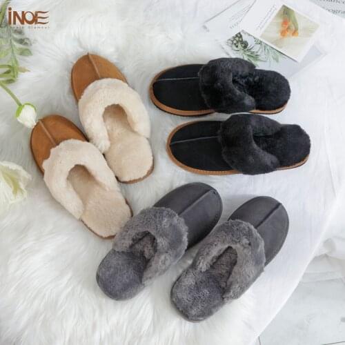 INOE Cow Suede Leather Plush Fur Lined Women Casual Winter Slippers Warm Half Home Shoes Warm Comfortable House Leisure Flats