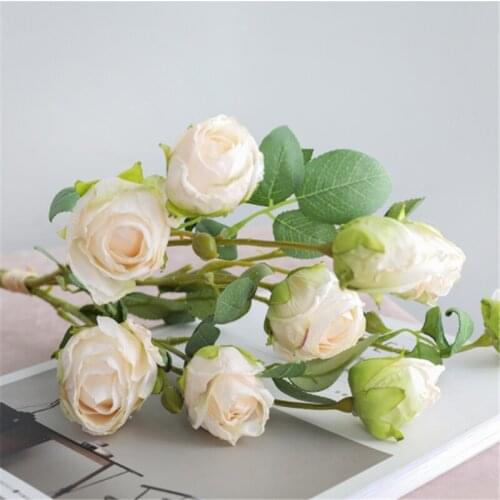 3 Pcs Artificial Flower Cream Rose Fake Flower Wedding Bride Bouquet For Party Home Decoration New Year Decoration Fake Plants