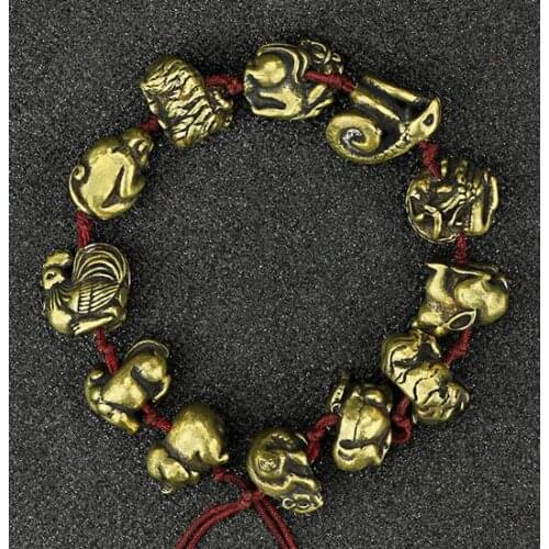 Chinese Bronze Handicraft Pure Brass Twelve Zodiac Animals Red Rope Bracelet Hand String