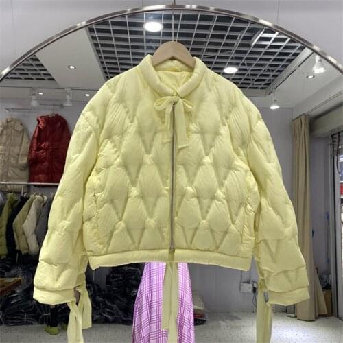 Korean Women Fashion Bow Lace Up Lightweight Puffer Jacket Stand Collar White Duck Down Coat Winter Parkas Mujer Bomber Jackets