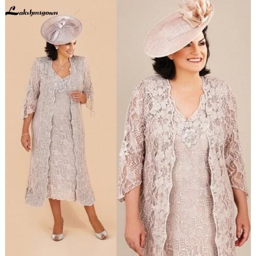 Lakshmigown Lace Mother Of The Bride Dresses Suit Formal Wedding Party Dresses Long Jacket V-Neck Tea Length Plus Size Vintage