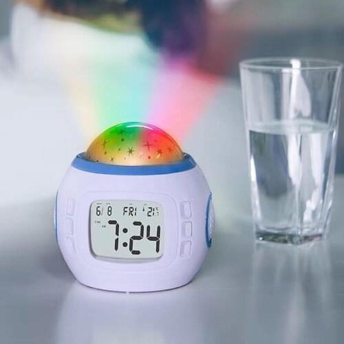 Music Alarm Clock Color Change Sky Star Projector Night Lamp Glowing Calendar Temperature Display Timer Clock for Children