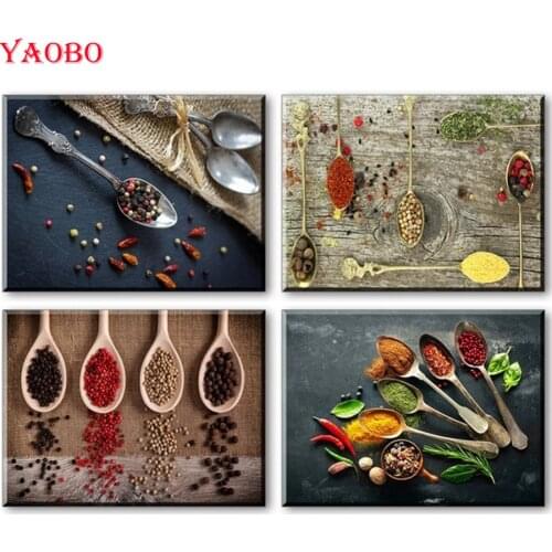 Diamond Painting 4 pcs Set Spice and Spoon Vintage 5D Diy Diamond Embroidery Kitchen decor Needlework Full Square Drill mosaic