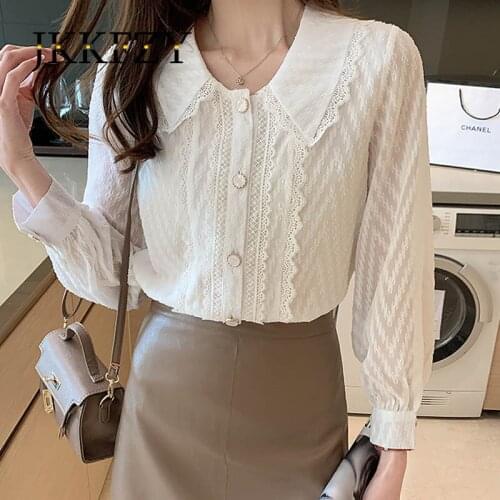 Spring 2021 New Sweet Doll Collar Lace Blouse White Fashion Design Woman Shirt Elegant Office Tops Casual Clothes