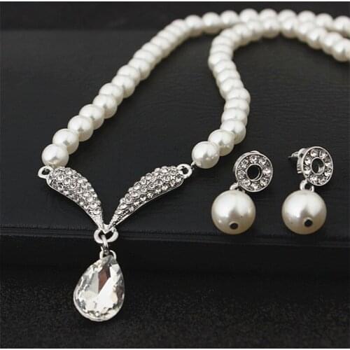 New Arrival Bride Classic Imitation Pearl Rhinestone Crystal Necklace Earrings Wedding Jewelry Sets Accessories Wholesale