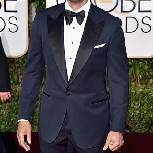 New Arrival Groomsmen Navy Blue Groom Tuxedos Peak Black Lapel Men Suits Wedding Best Man Blazer ( Jacket+Pants+Tie ) C521