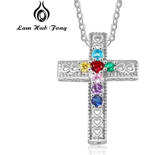 925 Sterling Silver Cross Pendant Necklace Custom Birthstone Necklace Personalized Family Gift for Women Mother (Lam Hub Fong)