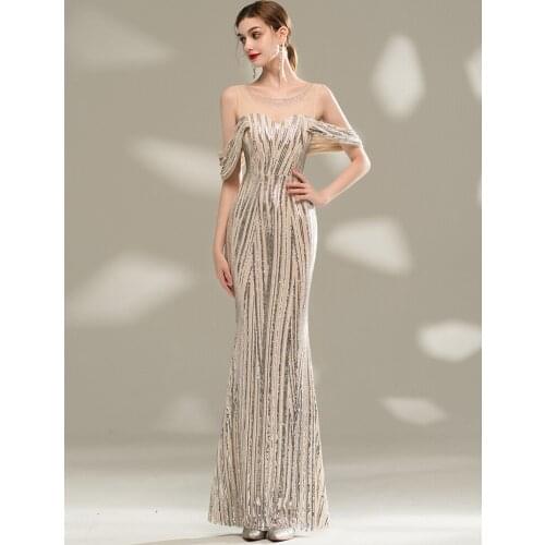 Partysix Sequins Dresses Formal Dress Women Elegant Evening Dress O-Neck Floor-Length Evening Dresses Long Mermaid Gown