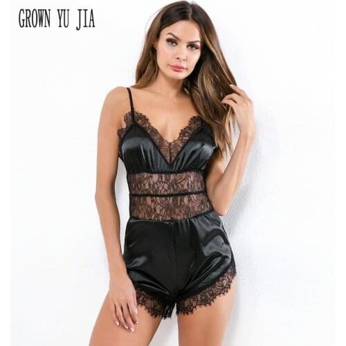 Sexy Deep V Low Chest Lace pajamas sling jumpsuit Erotic Backless Hot pants porno women Hollowing out romper night sleepwear