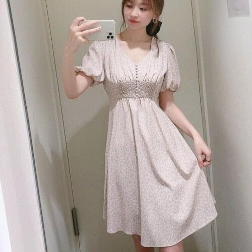 V-neck Lantern Sleeve Elegant Dresses Women High Waist Slim A-line Vestidos Mujer 2021 New Japan Style Chic Print Dress Woman