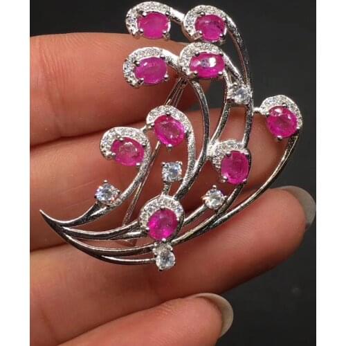 Ruby brooch Free shipping Natural real Ruby 925 sterling silver brooch Flower 4*5mm 9pcs gemstone