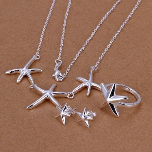 S174 925 sterling silver jewelry set, fashion jewelry set Starfish Ring Stud Earrings Necklace S174 /alhajcoa gblaossa