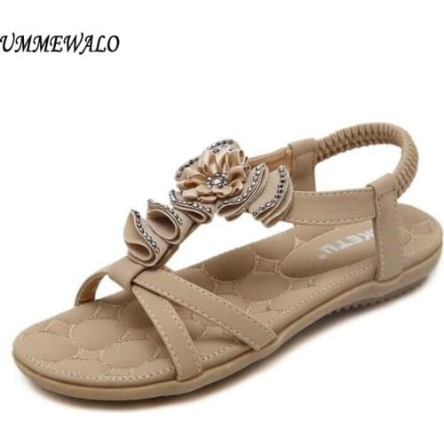 UMMEWALO Summer Sandals Women Designer Thong Flat Strappy Sandals Flowers Rhinestone Gladiator Sandal Shoes Zapatos Mujer