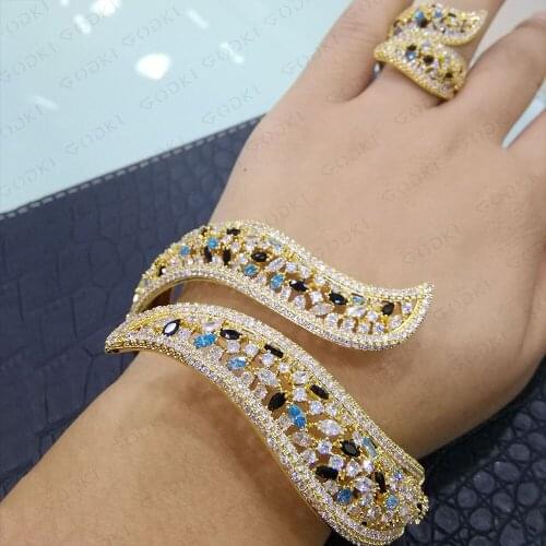 GODKI Trendy Luxury Twist Line Bangle Ring Jewelry Set For Women Wedding AAA Cubic Zircon Dubai Bracelet Party Bangle Rings