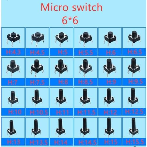 50PC/pack 6*6 Tact Switch Tactile Push Button micro Switch Height: 4.3MM-13.5MM for Electric appliance Built- in Key Switches