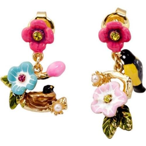 European and American Personality Autumn Enamel Glaze Asymmetrical Pink Blue Flower Birds Nest Earrings Silver Stud Earrings