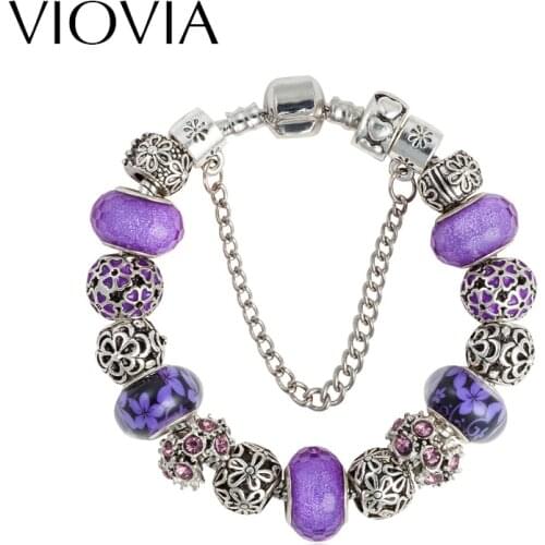 VIOVIA Design Charm Bracelet High Quality Alloy Rhinestone Purple Glass Bead Fit Bracelets Bangles Fine Jewelry For Women B15280