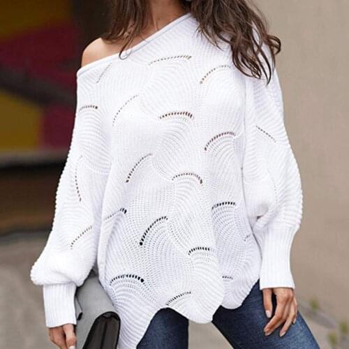 Knit Sweater Long Sleeves Sweater Pullover Fashion Loose Sweater Knitted Sweater Flower Edge Hem Hollow O-Neck Women Knitwear