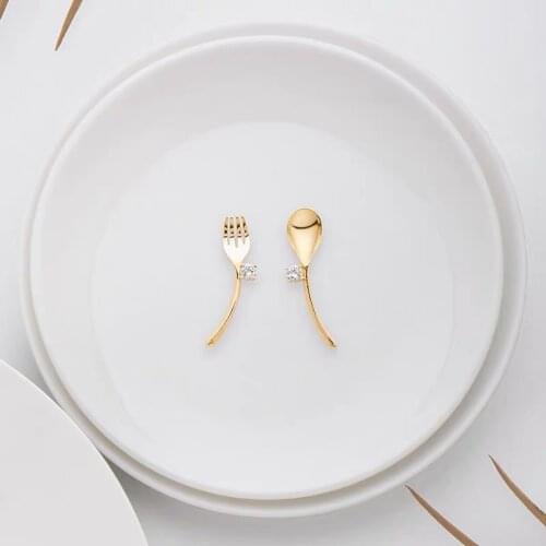 Creative Rhinestone Fork Spoon Earrings for Women Ladies Rose Gold/Silver Color Unique Earring Jewelry Gift