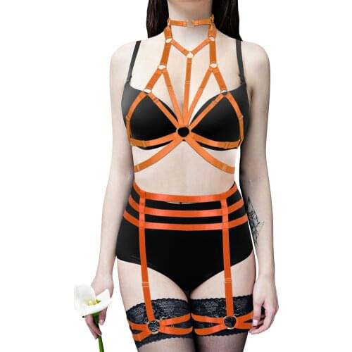 Women 2 PCS Set Bdsm Hanging Neck Turtleneck Tops Sexy Body Binding Harness Bondage Lingerie Garter Belt Fetish Exotic Costumes