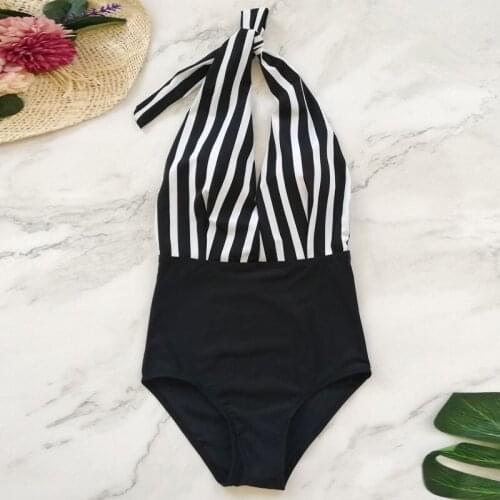 Sport Stiped Self Tie V-Plunge One Piece Swimsuit Beach Wear Backless Wireless Monokinis Women Summer Sexy Swimwear