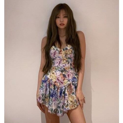 Floral Print Casual Slim Women Sexy Spaghetti Strap Mini Dress Ruffles Korean Boho Beach Style Summer Vestidos Femme Robe HB8490