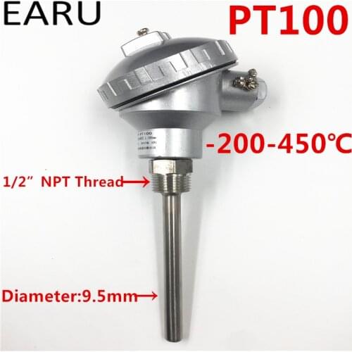 1pc RTD PT100 Temperature Sensors 9.5*100mm Long Probe with 1/2" NPT Threads Terminal Head -50~450C Thermocouple Custom-Made OEM