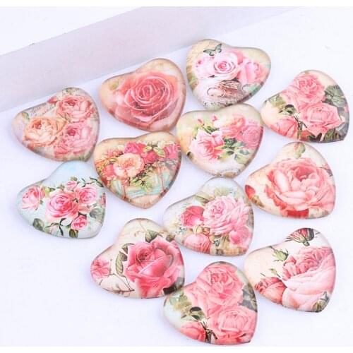 20pcs mixe rose flower photo heart shape glass cabochon 20mm 25mm diy flatback jewelry craft accessories