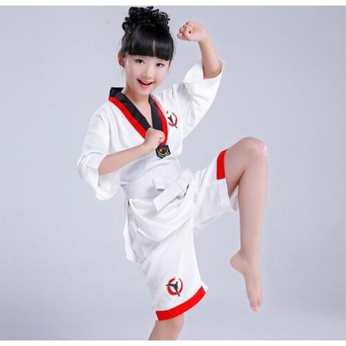 Boy White Taekwondo Uniforms Kids WTF Mooto Karate Judo Kid Taekwondo Dobok Clothes for Children Girl Short Sleeve TKD Clothing