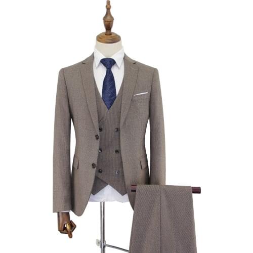 Free Shipping High Quality Slim Fit Men suits Smart Casual Dress Khaki color 3 Piece Set