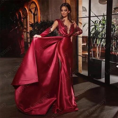 Burgundy Muslim Evening Dresses Long Sleeves Sheer Neck Dubai Prom Dresses Women Party Night Sexy Celebrity Dresses Vestidos