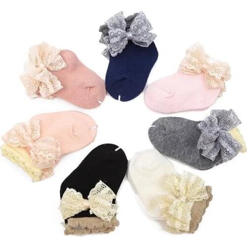 Baby Stuff Kids Girl Frilly Warm Lace Tutu Socks Newborn Infant Lace Bowknot Solid Color Ankle Tube Socks