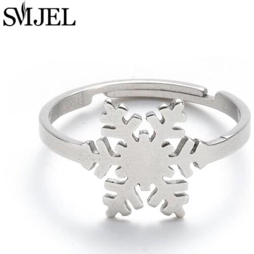 SMJEL Cartoon Elk Deer Rings Tiny Snowflake Finger Ring for Girls Kid Stainless Steel Christmas Tree Jewelry Women pendientes