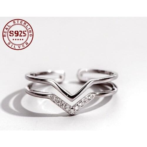 Real 925 Sterling Silver Women Ring Double-deck V Type Ring for Women Open Resizable Hollow Silver Ring Anniversary Jewelry