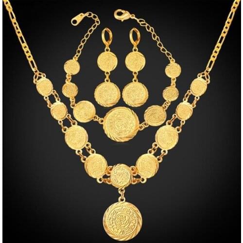 RLOPAY Turkish Fashionable Coin Jewelry Set In Gold Necklace/Earrings/Bracelet Luxury Arabic Muslim Sets for Women